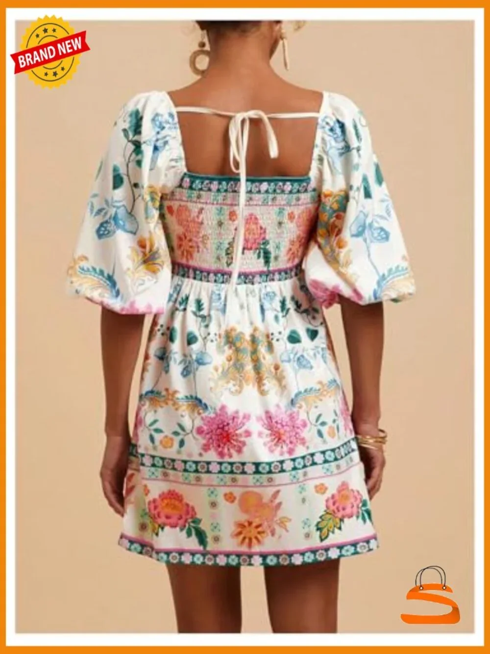 Floral Print Square Neck Puff Sleeve A-Line Swing Dress 3/4 Length - Picture 2 of 5